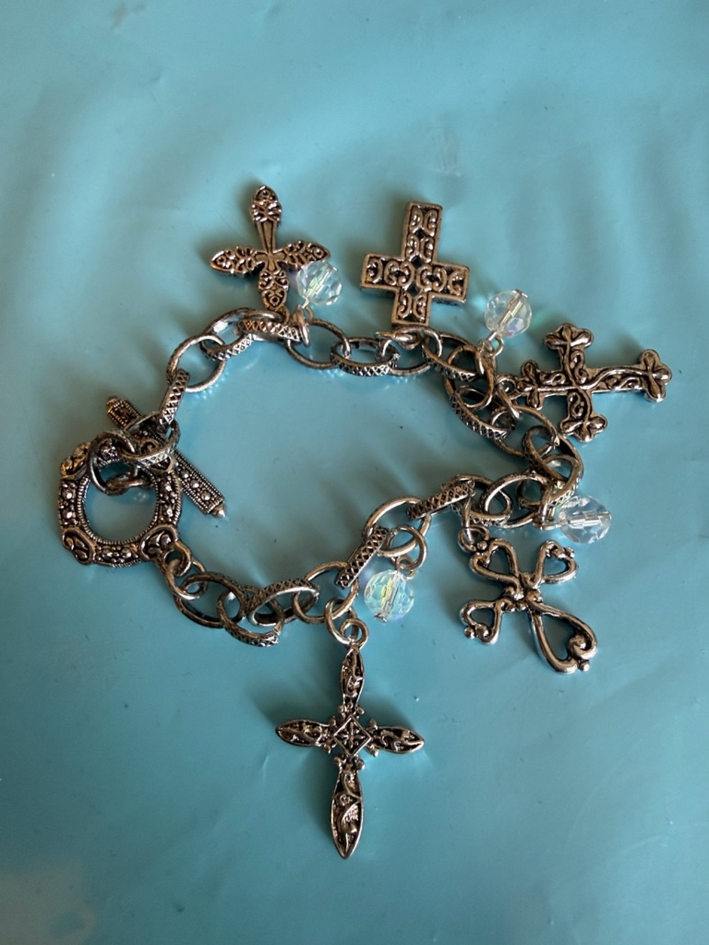 Silver-Tone Cross Charm Bracelet with Crystal Accents